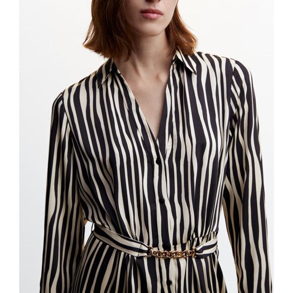 NWOT Mango Black & Cream Striped Satin Shirt‎ Dress XL - Picture 7 of 16